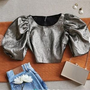Zara Metallic Gold Puff Sleeve Crop Top size S